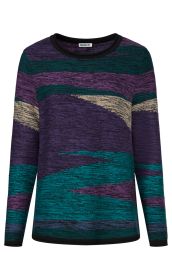 langärmliger Pullover mit rundem Ausschnitt, gemustert in Lila, Türkis, Beige und Schwarz, gestrickt mit abstrakten, gezackten Linien, gerade Passform, schwarzer Saum am Halsausschnitt und Bund