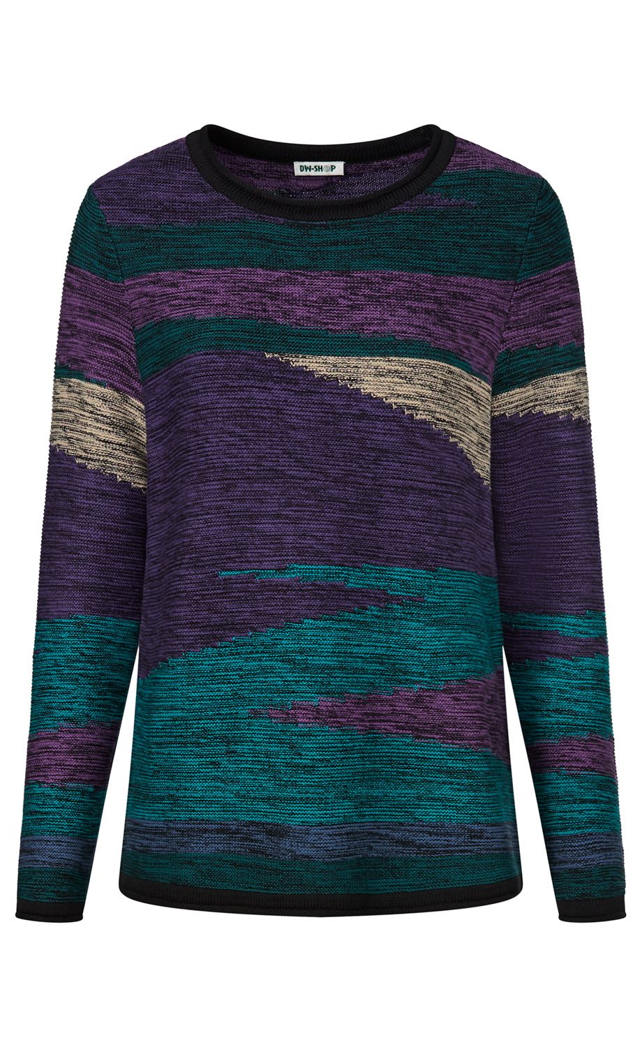langärmliger Pullover mit rundem Ausschnitt, gemustert in Lila, Türkis, Beige und Schwarz, gestrickt mit abstrakten, gezackten Linien, gerade Passform, schwarzer Saum am Halsausschnitt und Bund