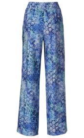 Baumwoll-Mix-Hose mit weitem Bein, elastischem Bund, mehrfarbig in Blau- und Türkistönen mit abstraktem Muster aus Kreisen und Netzstrukturen