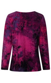 Rückansicht eines Langarmshirts mit rundem Halsausschnitt, abstraktem Muster in Dunkelpink, Violett und Schwarz, Struktur mit Farbverläufen und Punkten, gerade Passform