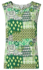 Viskose-Top ohne Ärmel mit Rundhalsausschnitt, grün-weißes Patchwork-Design mit verschiedenen Mustern wie Rauten, Blumen und Ornamenten, legerer Schnitt, leichter Sommerstoff