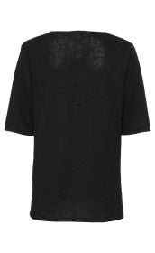 Schwarzer Leinen-Mix-Pullover mit kurzen Ärmeln, gerade geschnitten, schlichte Rückansicht, leichter Strukturstrick, lockere Passform, minimal transparentes Material, unifarbener Stoff ohne Muster oder Verzierungen