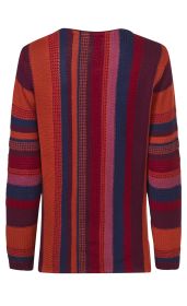 Baumwoll-Pullover mit langen Ärmeln, rechteckigem Schnitt, rückseitig, mehrfarbiges Streifenmuster in Orange, Dunkelrot, Blau und Rosa, grob gestrickte Struktur