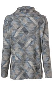 Rückansicht eines langärmligen Viskose-Mix Shirts mit Stehkragen und geometrischem Muster in Grau, Blau und Schwarz, mit dünnen horizontalen Streifen und abstrakten Formen.