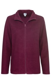 Baumwoll-Fleece-Jacke in Dunkelrot, mit durchgehendem Reißverschluss, Stehkragen und langen Ärmeln, schlichtes Design ohne Muster oder Taschen, weiche, warme Materialstruktur sichtbar