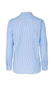 Baumwoll-Bluse in Weiß und Hellblau, rückwärtige Ansicht, Langarm mit Knopfmanschetten, durchgehendes feines Streifenmuster, klassischer Hemdkragen, leichte Stoffstruktur, gerade geschnitten