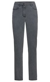Dunkelgraue Baumwoll-Mix-Hose mit geradem Bein, zwei Eingrifftaschen, Gürtelschlaufen und Knopfverschluss, schlichtes Design ohne Muster, auf weißem Hintergrund