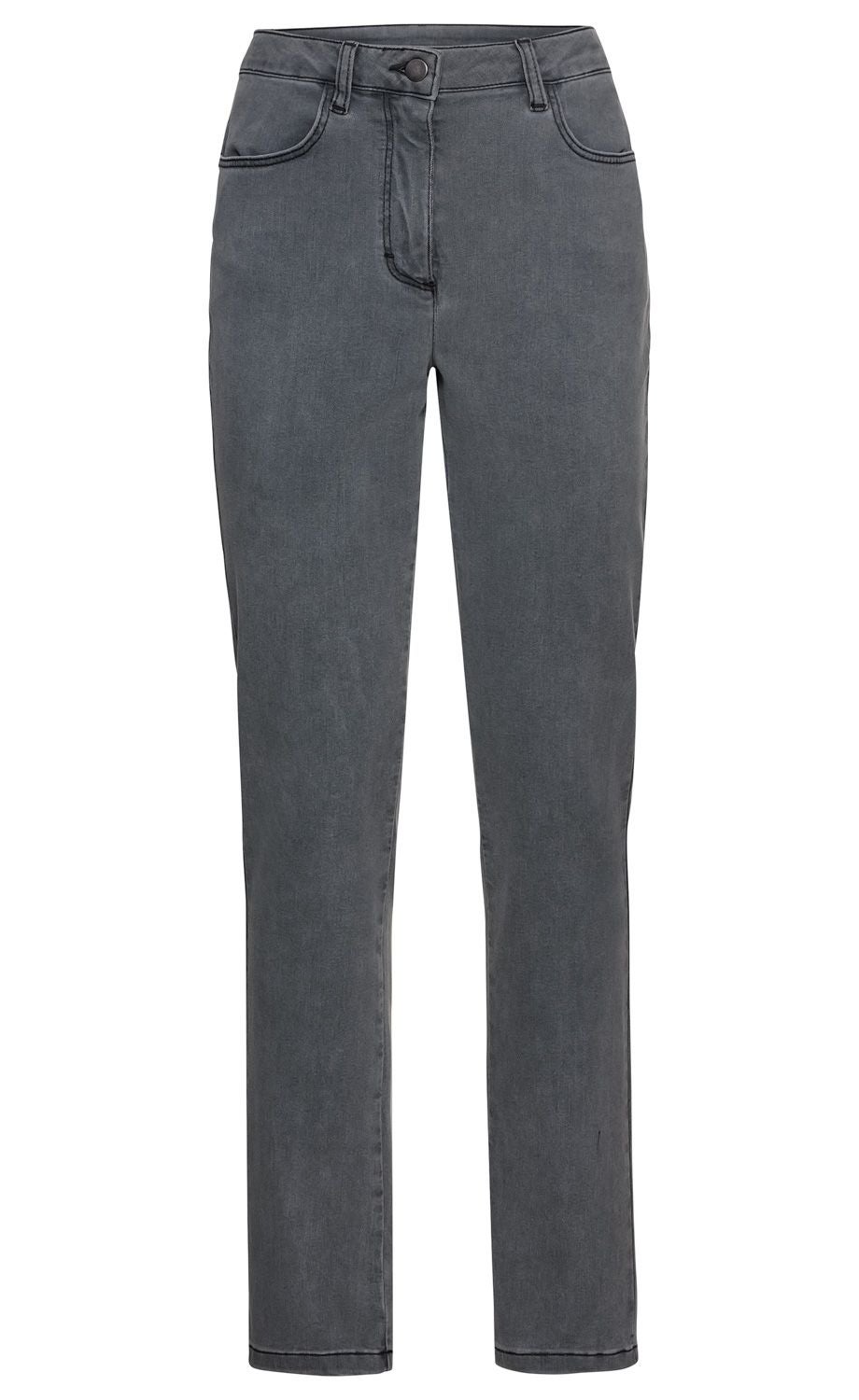 Dunkelgraue Baumwoll-Mix-Hose mit geradem Bein, zwei Eingrifftaschen, Gürtelschlaufen und Knopfverschluss, schlichtes Design ohne Muster, auf weißem Hintergrund