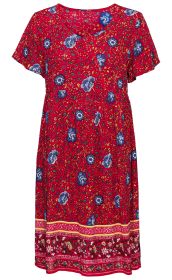 Rotes Viskose-Kleid mit kurzen Ärmeln, V-Ausschnitt und floralem Muster in Blau, Gelb und Weiß, breite gemusterte Bordüre am Saum, lockerer Schnitt, knielang