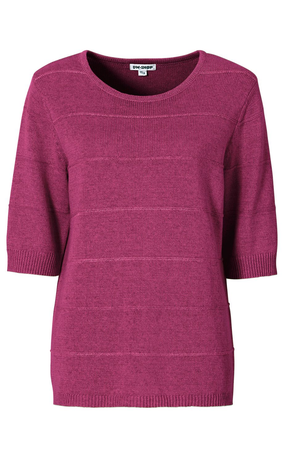 Leinen-Mix-Pullover in dunklem Pink mit Rundhalsausschnitt, kurzen Ärmeln bis zum Ellenbogen, feiner Struktur und horizontaler Rippenstruktur, geradem Schnitt und elastischem Bundabschluss am Saum und an den Ärmeln