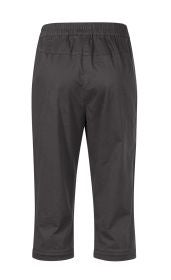 Dunkelgraue Baumwoll-Mix-Hose mit elastischem Bund, dreiviertellanger Beinlänge, geradem Schnitt und sauber verarbeiteten Nähten, Rückansicht ohne Taschen oder zusätzliche Details.