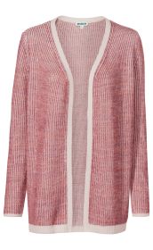 Baumwoll-Strickjacke, offen, langärmelig, rosé und weiß meliert, strukturierter Strick, kontrastierende weiße Kanten an Ärmeln, Saum und Kragen, mittlere Länge, gerader Schnitt