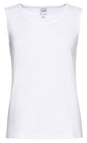 weißes ärmelloses Baumwoll-Mix-Top mit Rundhalsausschnitt, gerade geschnitten, ohne Muster, schlichtes Design, Etikett innen mit Größe 38