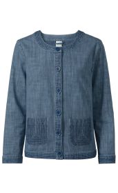 blaugraue Baumwoll-Jacke mit Rundhalsausschnitt, Knopfleiste mit fünf blauen Knöpfen, zwei aufgesetzten Taschen vorn und feinen dekorativen Steppnähten an Säumen und Taschen