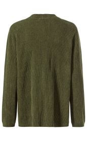Rückansicht einer olivgrünen Baumwoll-Strickjacke mit geripptem Muster, langem Arm, Rundhalsausschnitt und normaler Passform