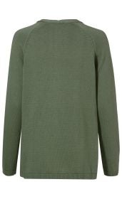 Rückansicht einer olivgrünen Baumwoll-Strickjacke mit langem Arm, Rundhalsausschnitt und feiner Strickstruktur, Saum und Ärmelenden mit Rippenstrickabschluss