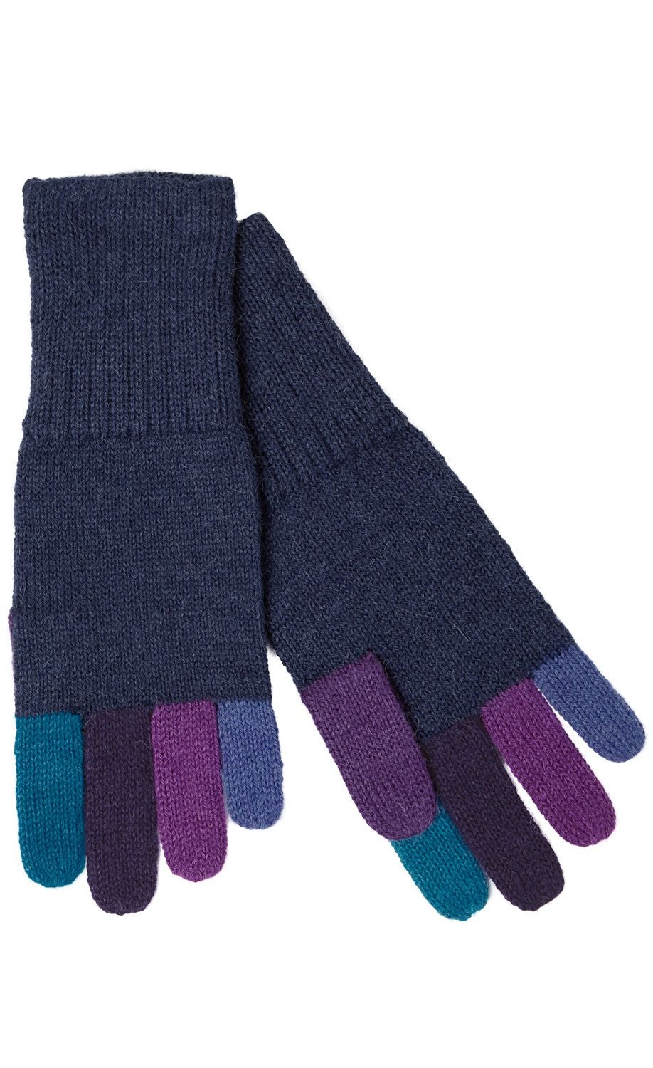 Dunkelblaue Alpaka-Handschuhe mit farbigen Fingerspitzen in Türkis, Dunkellila, Violett und Hellblau, gestrickt, flach liegend auf weißem Hintergrund.