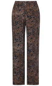 Viskose-Hose in Schwarz mit braunem, abstraktem, geschwungenem Muster, gerader Schnitt, elastischer Bund, lange Beine.