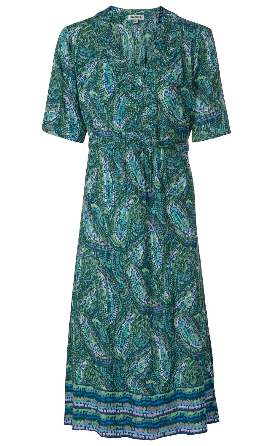Viskose-Kleid mit kurzem Arm, V-Ausschnitt, gerafftem Brustbereich, Wickeloptik und elastischem Bund, gemustert mit abstraktem Paisley-Design in Grün, Blau, Türkis und Lila, Saum mit kontrastierendem Streifenmuster.
