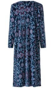 Rückansicht Baumwoll-Hauskleid aus dunklem Stoff mit blau-rosa floralem Ornamentmuster, langärmlig, knielang, gerade geschnitten