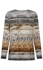 Damenpullover mit langem Arm, Rundhalsausschnitt, mehrfarbiges Design in Braun-, Beige-, Schwarz- und Weißtönen, gemustert mit Streifen und Tierfelloptik, gerade geschnitten