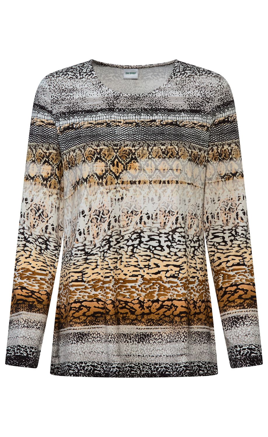 Damenpullover mit langem Arm, Rundhalsausschnitt, mehrfarbiges Design in Braun-, Beige-, Schwarz- und Weißtönen, gemustert mit Streifen und Tierfelloptik, gerade geschnitten