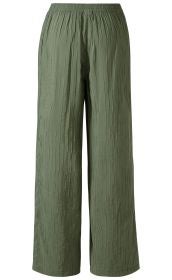 Viskose-Mix-Hose in Olivgrün mit elastischem Bund und strukturierter, leicht glänzender Stoffoberfläche, weitem Bein und lässigem Schnitt, schlicht und bequem, ideal für den Alltag.