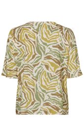Rückansicht einer Viskose-Bluse mit halblangen Ärmeln und abstraktem Muster in Beige, Olivgrün, Senfgelb und Braun, lockere Passform, Rundhalsausschnitt
