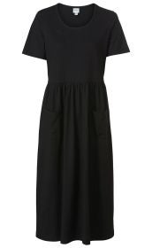 Schwarzes Baumwollkleid mit kurzem Ärmel, rundem Ausschnitt, tailliertem Schnitt und zwei aufgesetzten Taschen vorne, knielang, schlicht und bequem