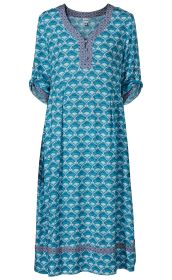 Blaues Viskose-Kleid mit halbtransparentem Stoff, floralem Muster und Kontrastmuster am V-Ausschnitt, geknüpfte 3/4-Ärmel, lockerer Schnitt, Knopfleiste am Ärmel, Saum mit geometrischem Musterabschluss.