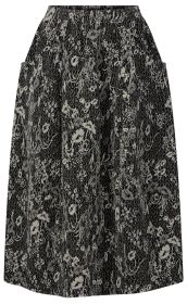 schwarzer Rock mit elastischem Bund, grauem floralem Muster und seitlichen Eingrifftaschen, knieumspielende Länge, lockere Passform