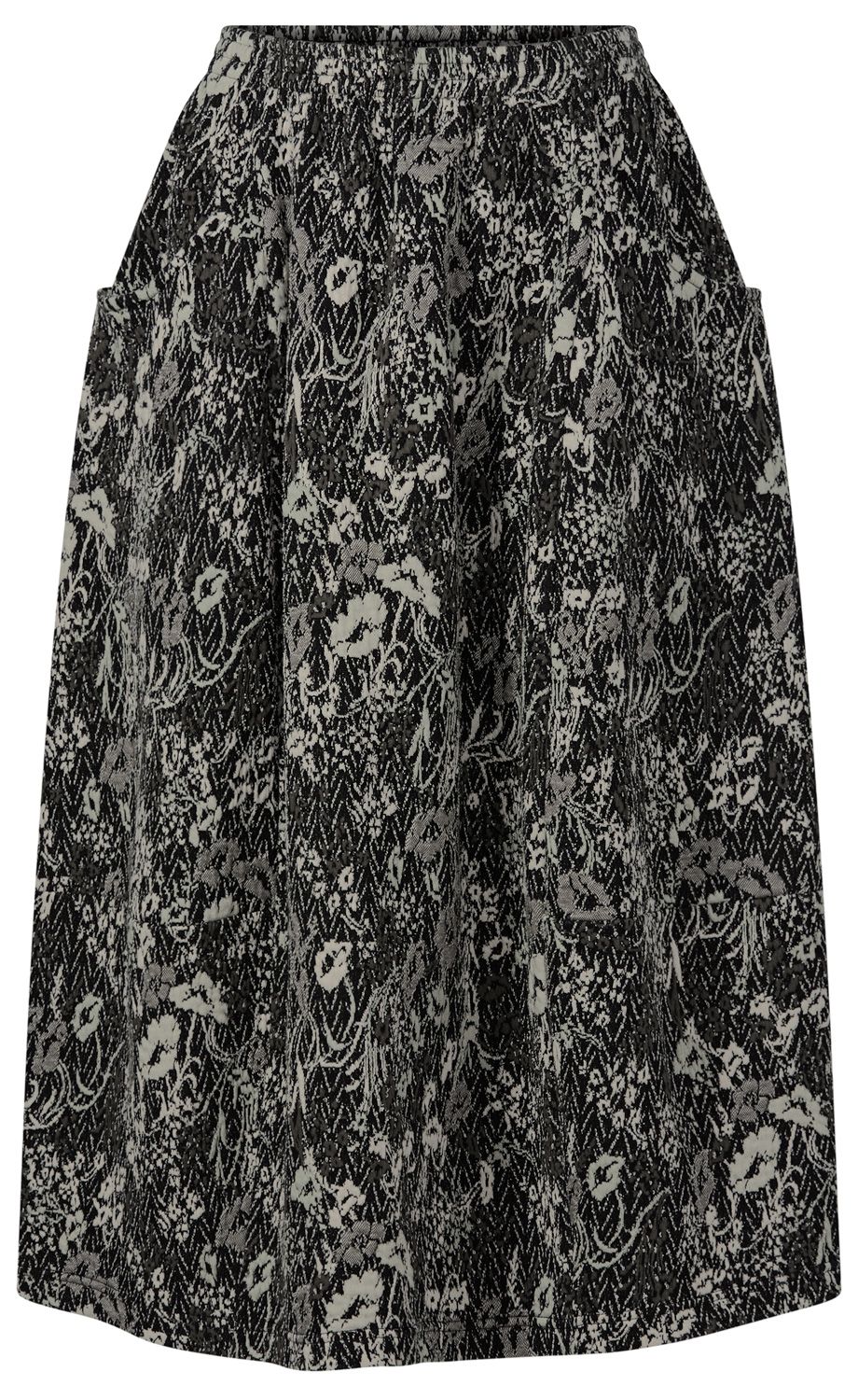 schwarzer Rock mit elastischem Bund, grauem floralem Muster und seitlichen Eingrifftaschen, knieumspielende Länge, lockere Passform