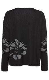Schwarzer Baumwoll-Mix-Pullover mit großflächigem grauem Blumenmuster auf Rücken und Ärmeln, Rundhalsausschnitt und geradem Saum, Rückansicht.