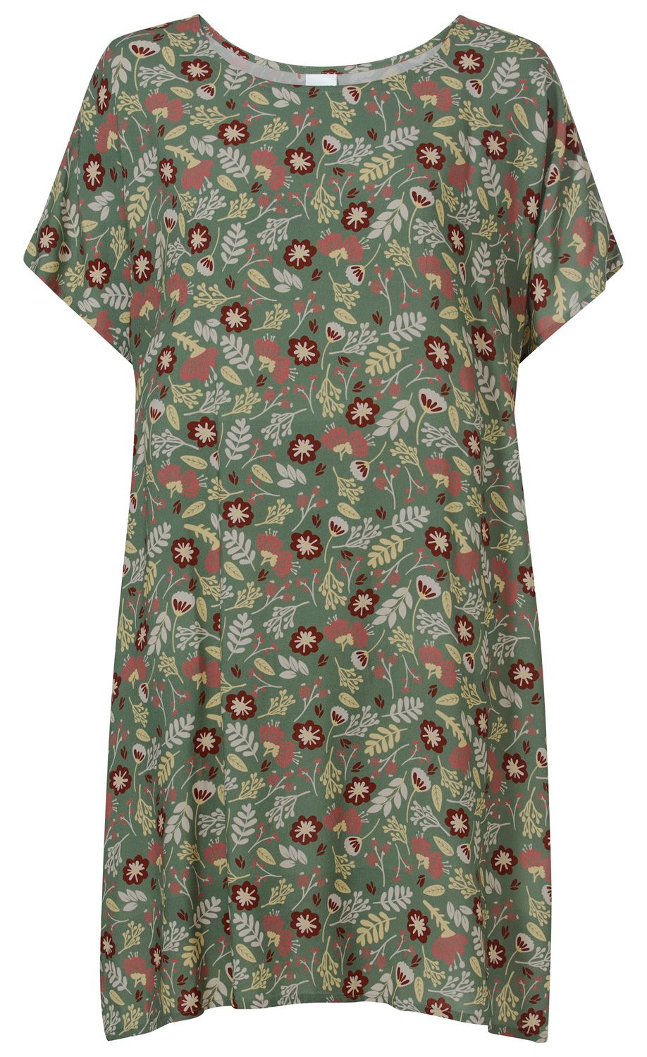 Viskose-Kaftan mit lockerem Schnitt, kurzem Ärmel, rundem Ausschnitt, grünem Grund mit floralen Mustern in Rot, Beige und Weiß