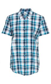 Baumwoll-Bluse mit kurzem Ärmel, kariert in Blau-, Weiß- und Grautönen, mit durchgehender Knopfleiste und Hemdblusenkragen.