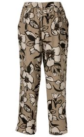 Bequeme Viskose-Mix-Hose in Beige mit weitem Schnitt, elastischem Bund und floralem Muster in Schwarz, Weiß und Dunkelbraun