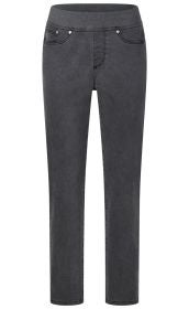 Damenjeans in dunklem Grau mit elastischem Bund, zwei vorderen Taschen mit Nieten, schmalem Beinverlauf, ohne sichtbaren Verschluss, normale Länge