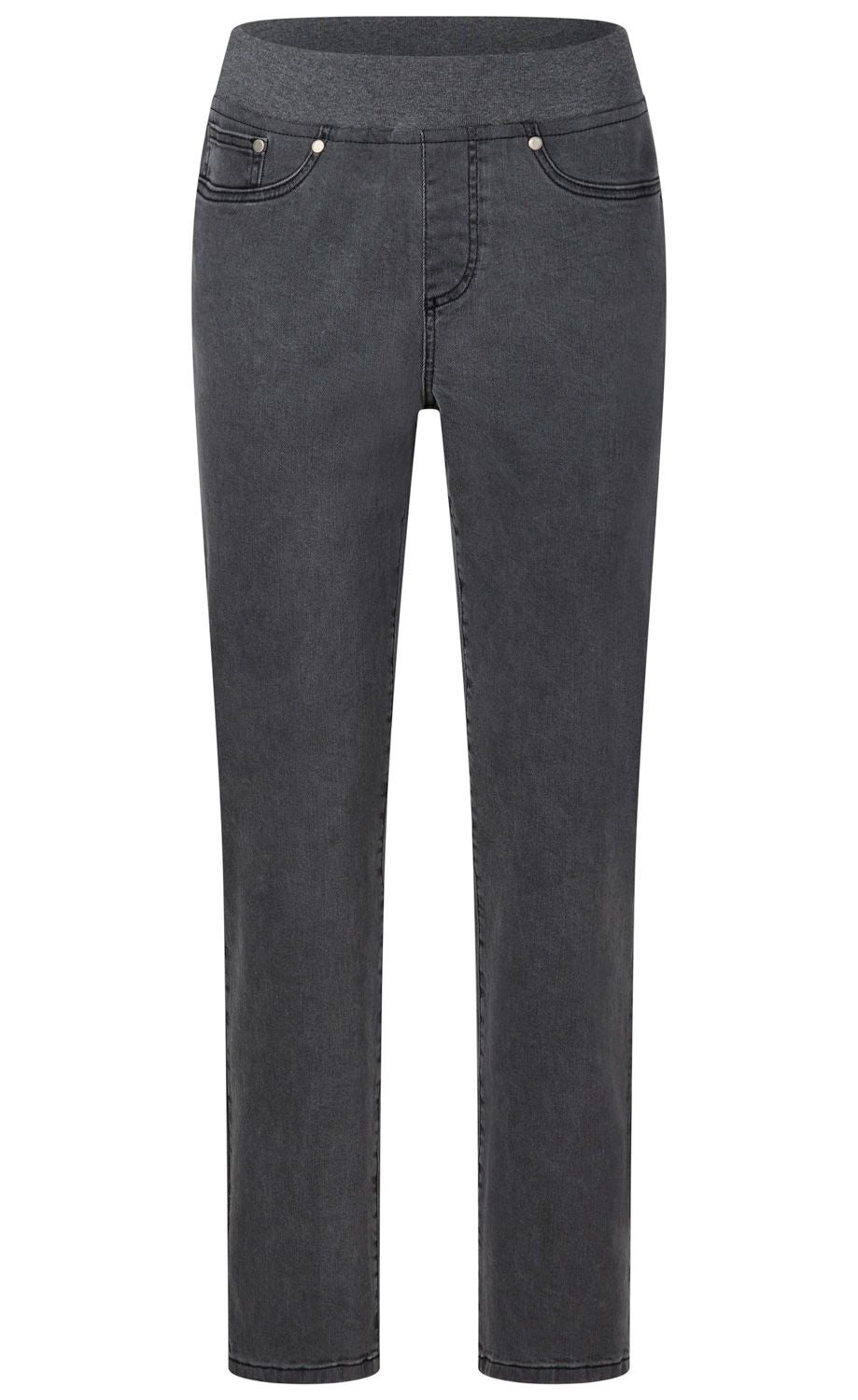 Damenjeans in dunklem Grau mit elastischem Bund, zwei vorderen Taschen mit Nieten, schmalem Beinverlauf, ohne sichtbaren Verschluss, normale Länge