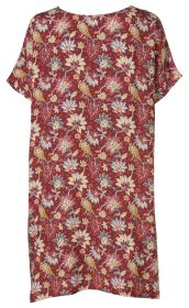 Viskose-Kaftan in Bordeauxrot mit kurzem Ärmel, bedruckt mit floralem Muster in Beige, Orange, Senfgelb und Weiß, lockere Passform, Rückansicht, leichte Stoffstruktur