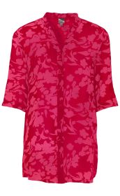rote Viskose-Bluse mit floralem Muster, 3/4-Ärmel, Stehkragen und durchgehender Knopfleiste, locker sitzend