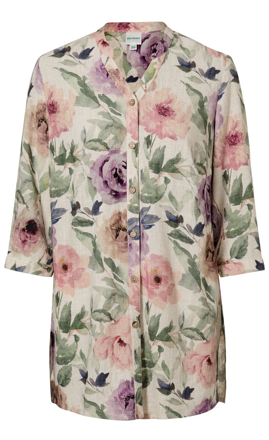 Viskose-Mix-Bluse mit floralem Muster in Pastellfarben, V-Ausschnitt, durchgehende Knopfleiste, 3/4-Ärmel, lockere Passform, beige Grundfarbe mit rosa, lila und grünen Blüten und Blättern