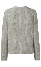Rückansicht einer grauen Baumwoll-Strickjacke mit langem Arm und geripptem Strickmuster