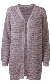 Baumwoll-Strickjacke in mehrfarbigem Muster mit V-Ausschnitt, langer offener Front, langen Ärmeln und gerippten Bündchen, locker sitzend, ohne Verschluss, Fronttaschen nicht sichtbar