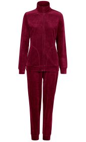 dunkelroter Damen-Overall aus weichem Stoff mit Reißverschluss vorne, langärmlig, Stehkragen, elastische Bündchen an Ärmeln und Beinen, gemütlich und sportlich, schlicht ohne Muster oder Verzierungen