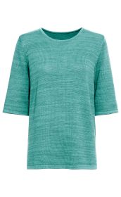 türkiser Baumwoll-Pullover mit Rundhalsausschnitt und halblangen Ärmeln, feiner Strickstruktur, gerade geschnitten