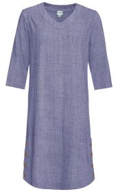 blaues Baumwoll-Kleid mit V-Ausschnitt, 3/4 Ärmeln, gerade geschnitten, seitlich mit je vier braunen Knöpfen verziert, Größe 38, schlichtes, leicht strukturiertes Design
