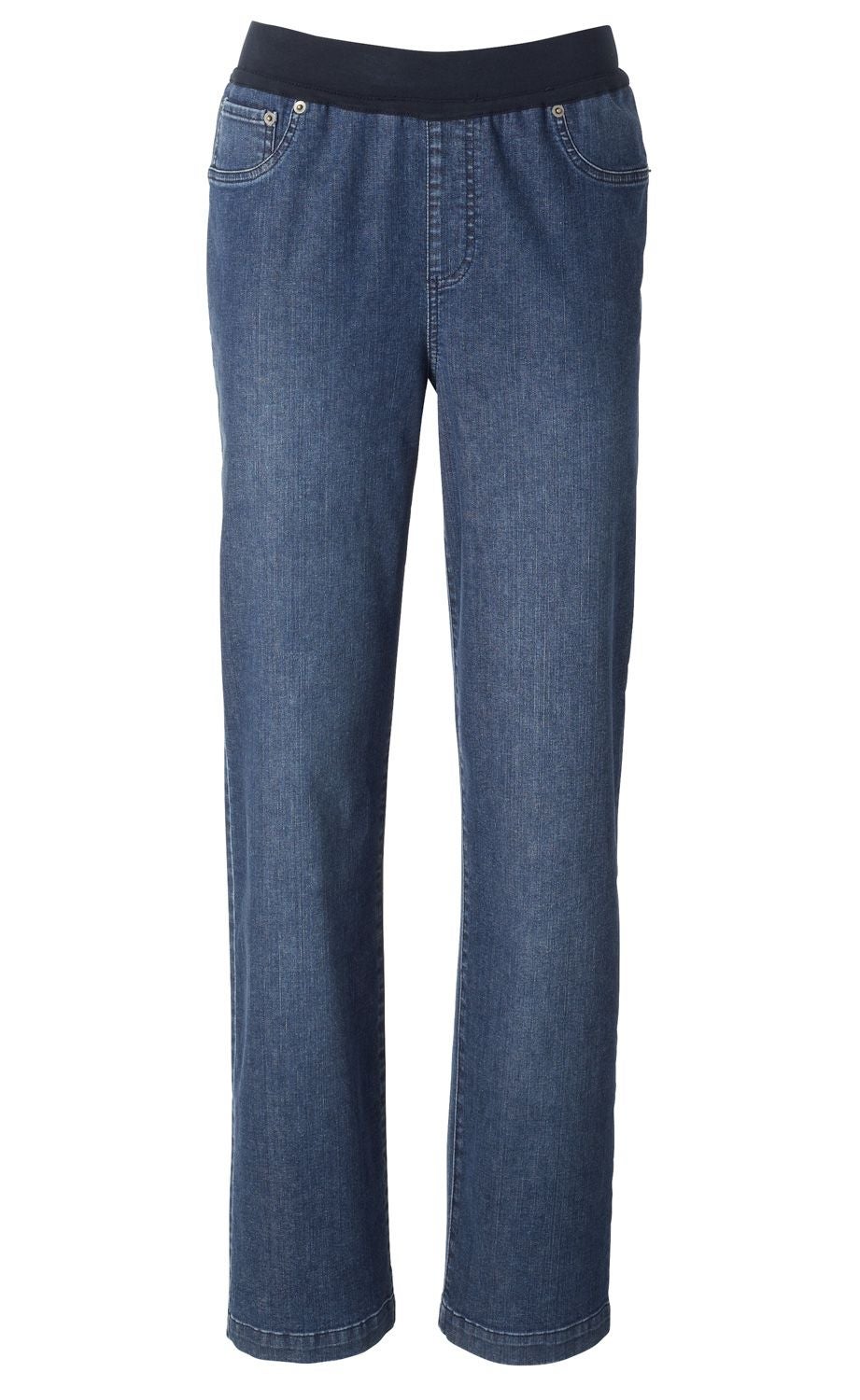 Baumwoll-Hose in Denim-Optik mit elastischem Bund, geradem Bein, zwei vorderen Taschen, dunkelblauem Bund und heller Naht.