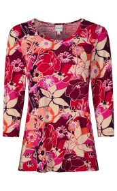 Langärmliges Damen-Shirt mit rundem Ausschnitt, bunte Blumenmuster in Rot-, Pink-, Creme- und Orangetönen, lockere Passform, vielseitig kombinierbar, lebhaftes Design für Freizeit und Alltag