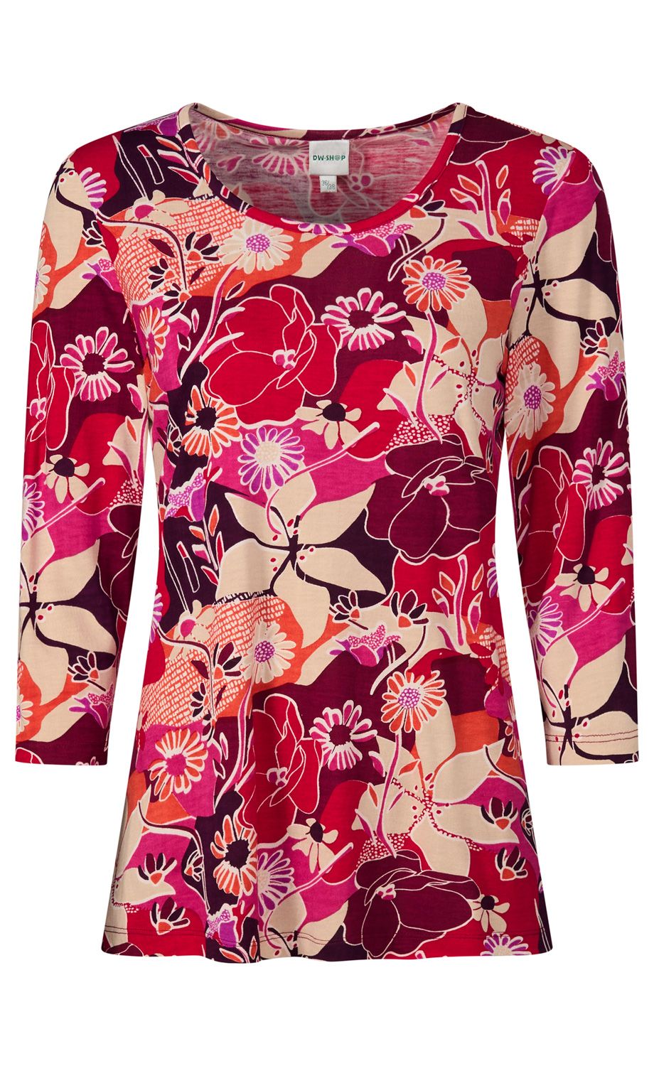 Langärmliges Damen-Shirt mit rundem Ausschnitt, bunte Blumenmuster in Rot-, Pink-, Creme- und Orangetönen, lockere Passform, vielseitig kombinierbar, lebhaftes Design für Freizeit und Alltag