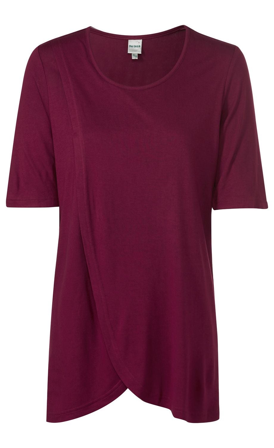 Damen Viskose-Shirt in dunklem Brombeerrot mit kurzen Ärmeln, Rundhalsausschnitt und asymmetrischer Wickeloptik vorn